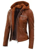 Women Slim Fit Hooded Leather Jacket Brown
