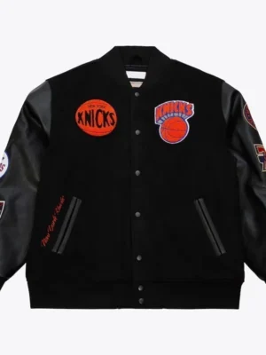 NY Knicks Black Out Team Logo Wool And Leather Varsity Jacket