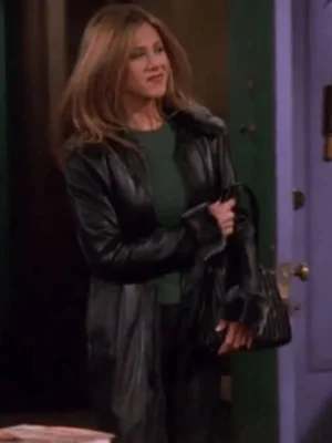 Rachel Green Friends S05 Black Leather Coat With Fur Collar
