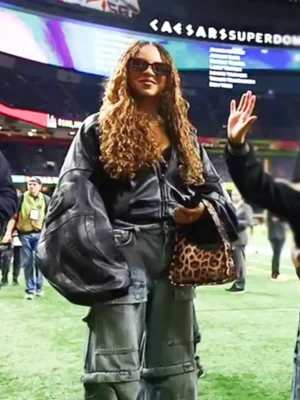 Super Bowl 2025 Beyoncé Oversized Black Leather Jacket