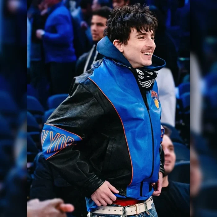 Timothée Chalamet Knicks Blue and Black Leather Jacket