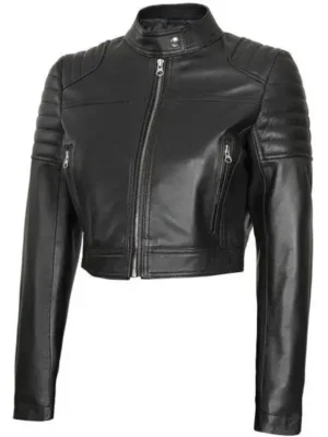 Women Motorcycle Cropped Black Leather Jacket