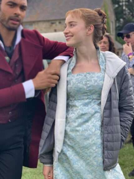 Daphne Basset Bridgerton Grey Puffer Hooded Jacket