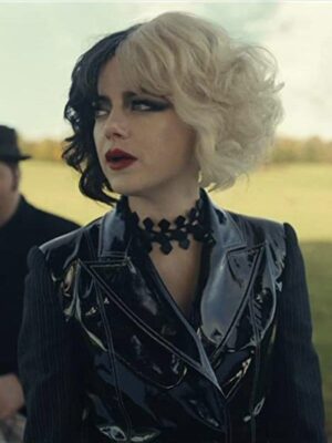Emma Stone Cruella 2021 Shiny Black Leather Jacket