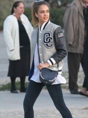 Jessica Alba Grey and Black Varsity Jacket