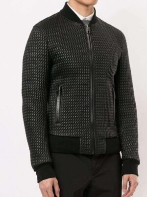 Men Casual Quilted Black Bomber Leather Jacket