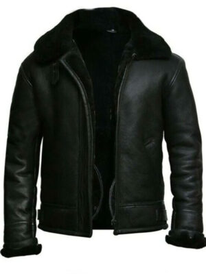 Men Stylish Black Shearling Leather Aviator Jacket
