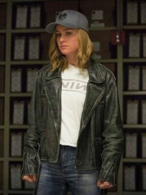 Brie Larson Distressed Black Leather Jacket