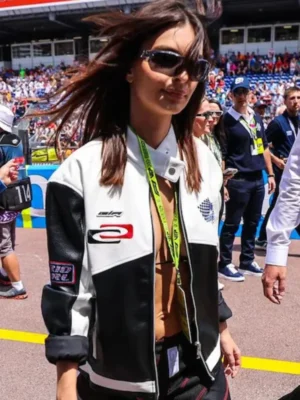 Emily Ratajkowski F1 Monaco GP Black and White Leather Jacket