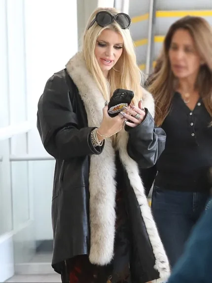 LA Airport Jessica Simpson Black Leather Coat