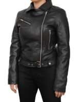 Women Asymmetrical Style Black Leather Biker Jacket