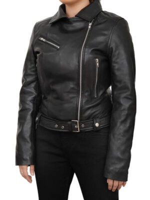 Women Asymmetrical Style Black Leather Biker Jacket