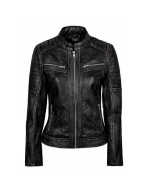 Women’s Vintage Biker Distressed Black Leather Jacket