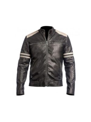 Mens Motorcycle White Stripes Black Biker Leather Jacket